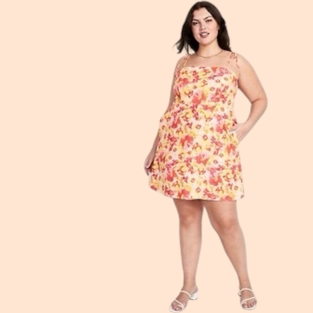 Old Navy Fit Flare Dress Cami Tie Strap Pink Floral Watercolor Linen Blend 2X